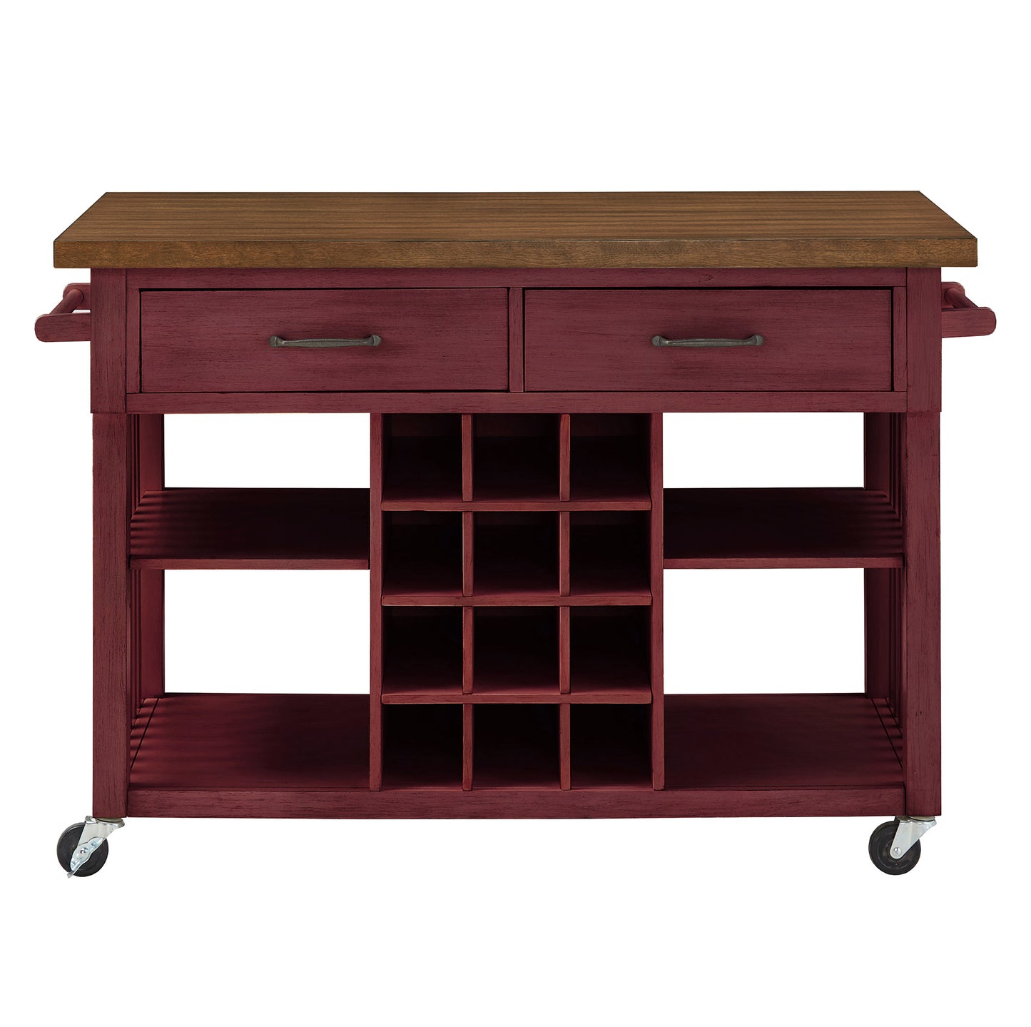 Two-Tone Kitchen Island with Wine Rack - Oak Top with Antique Berry Base