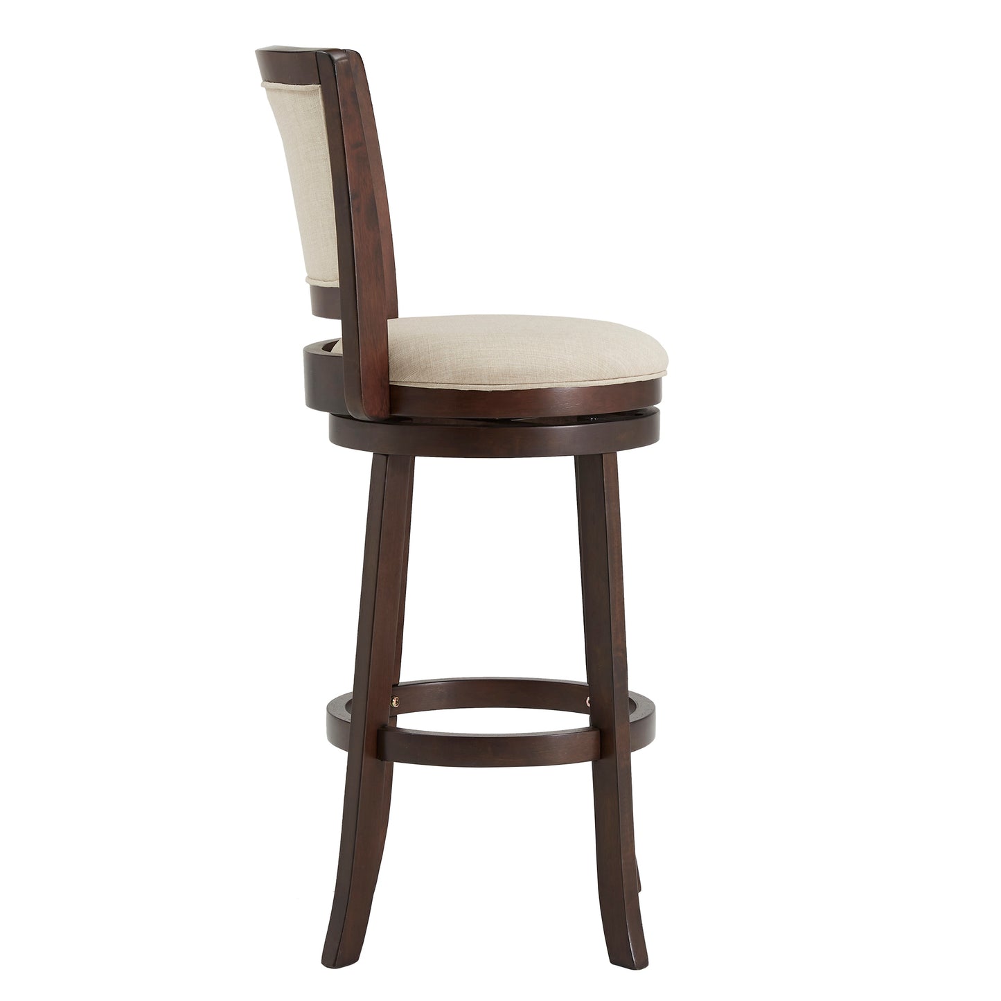 Upholstered Back Swivel Stool - 29" Bar Height, Dark Cherry Finish, Beige Linen