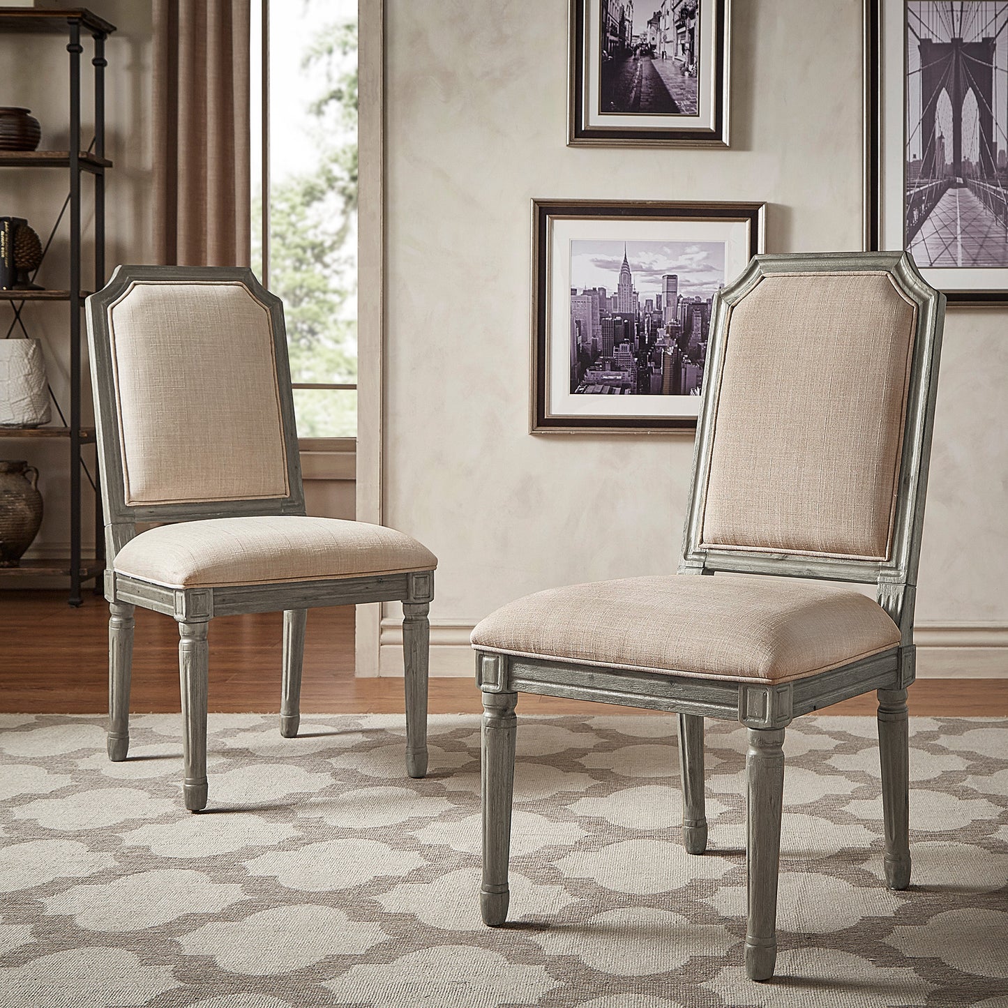 Arched Linen and Wood Dining Chairs (Set of 2) - Bridga Linan, Antiqua Gray Oak Finish