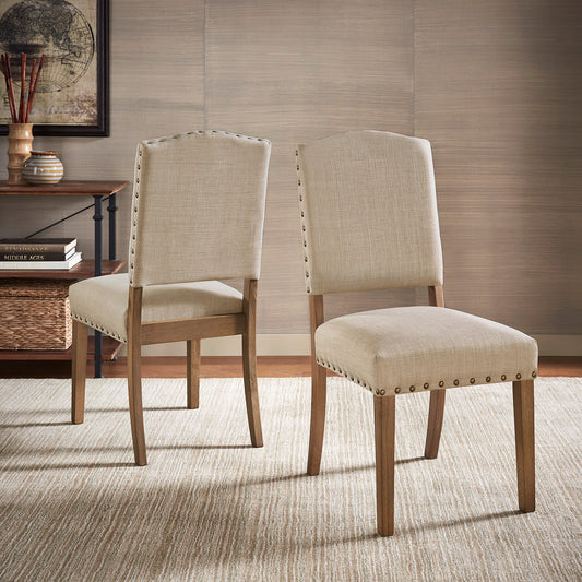 Nailhead Upholstered Dining Chairs (Set of 2) - Natural Finish, Beige Linen