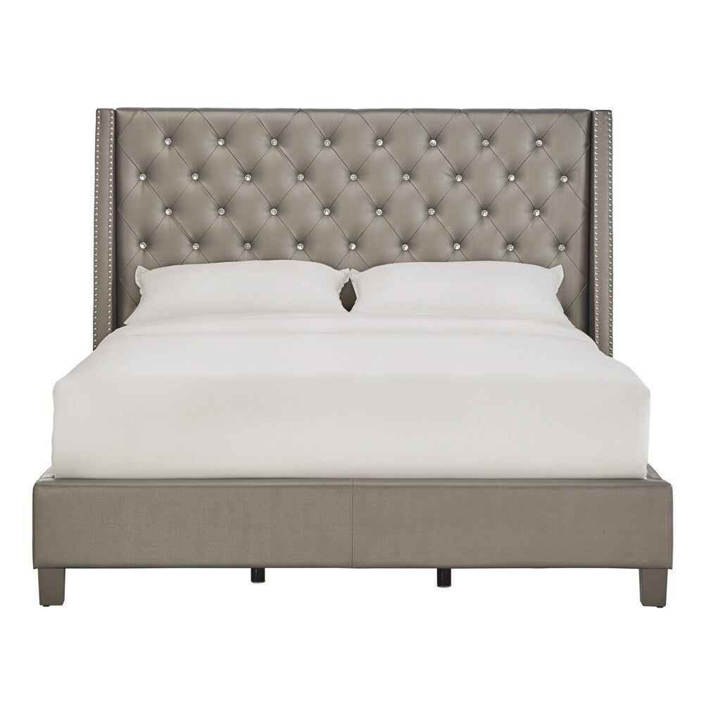 Faux Leather Crystal Tufted Bed - Gray Faux Leather, Full