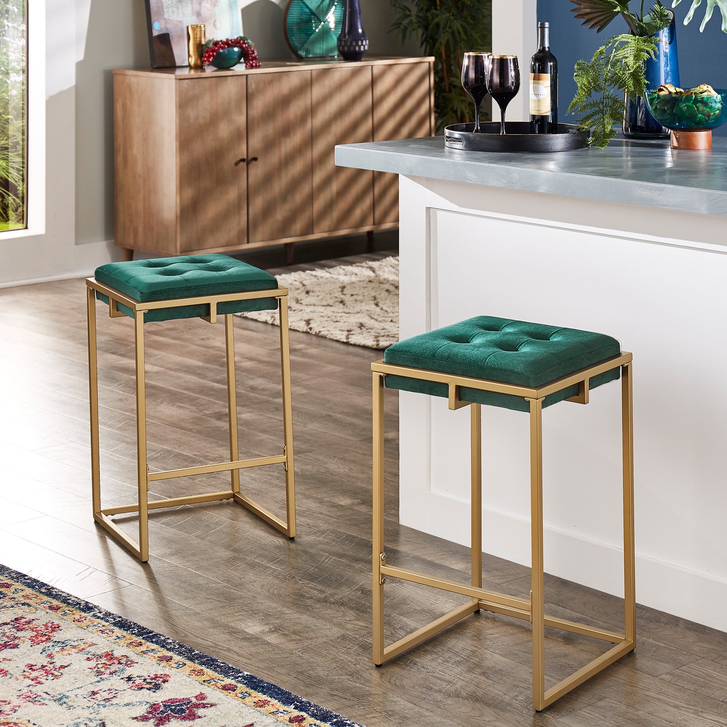 Gold Finish Velvet Button Tufted Bar Stools (Set of 2) - Dark Green, 24" Counter Height