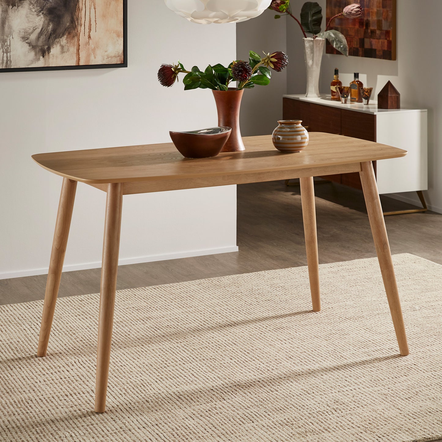 Mid-Century Natural Oak 63" Wide Counter Height Dining Set - Natural Finish Table and 4 Beige Fabric Chairs