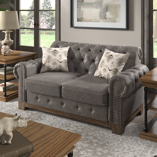 Tufted Rolled Arm Chesterfield Loveseat - Gray Polishad Microfibar