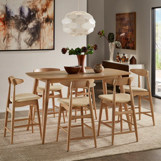 Mid-Century Natural Oak 63" Wide Counter Height Dining Set - Natural Finish Table and 6 Beige Fabric Chairs