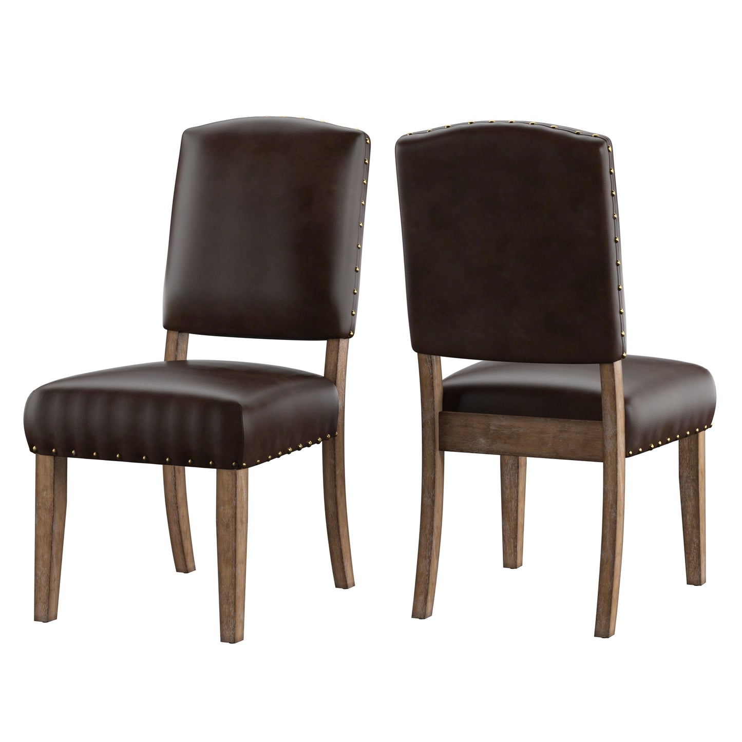 Nailhead Upholstered Dining Chairs (Set of 2) - Natural Finish, Brown Bonded Leather