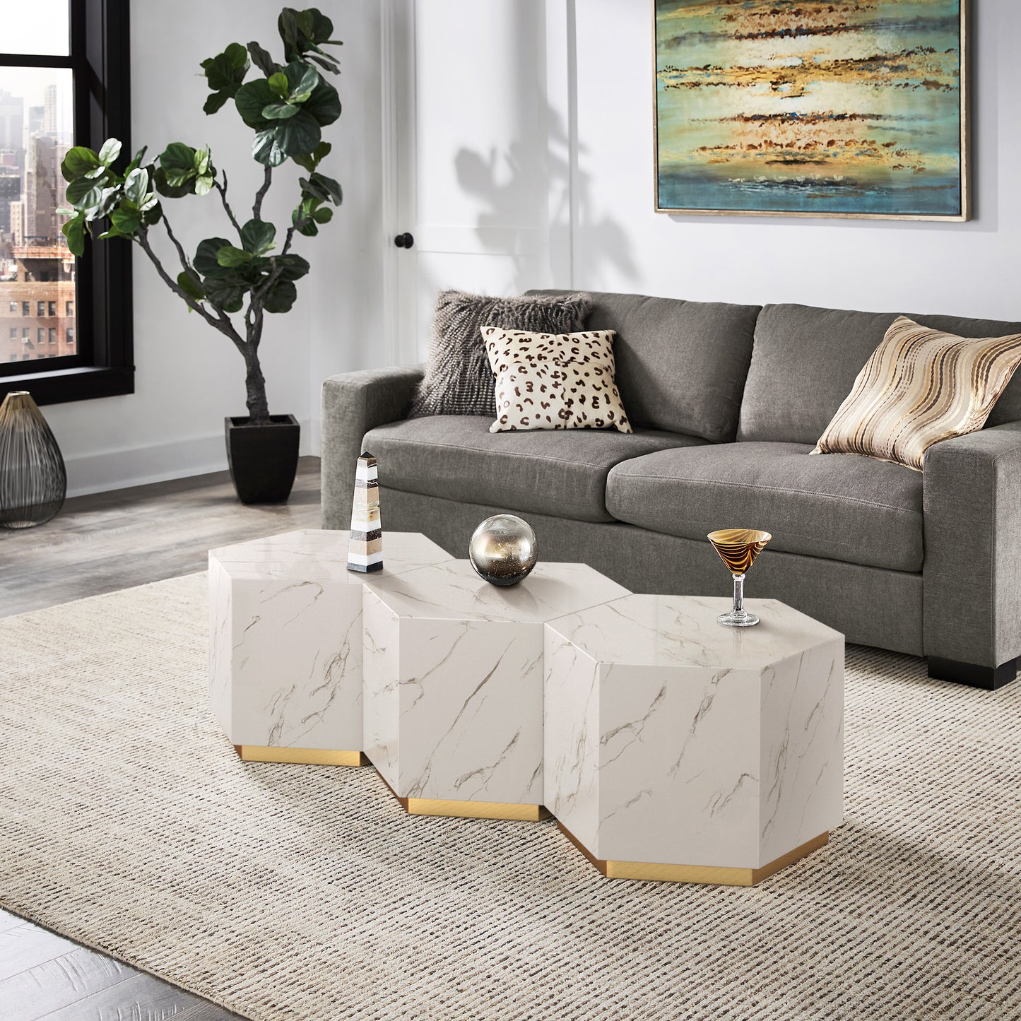 Faux Marble Coffee Table - White, Hexagon (Set of 2)