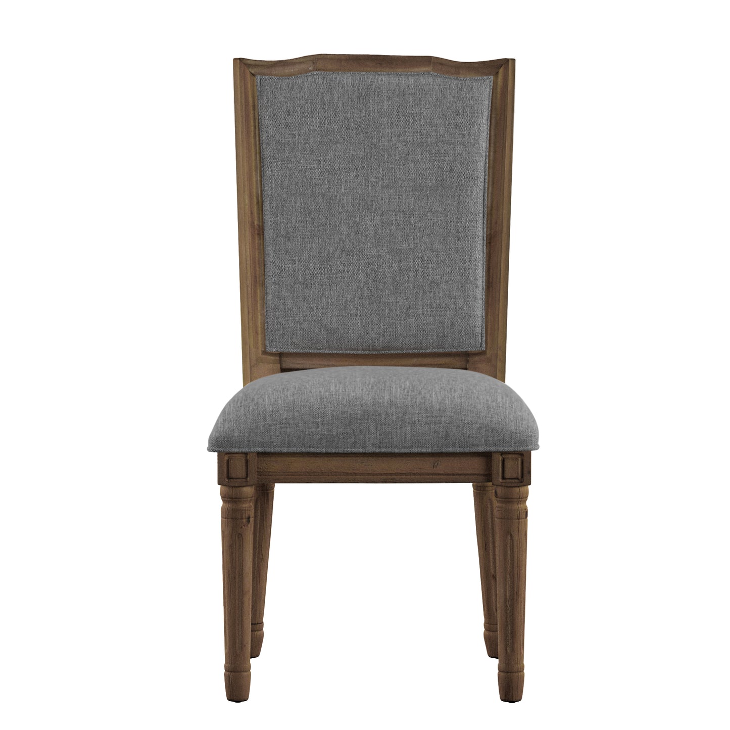 Ornate Linen and Wood Dining Chairs (Set of 2) - Gray Linen, Brown Finish