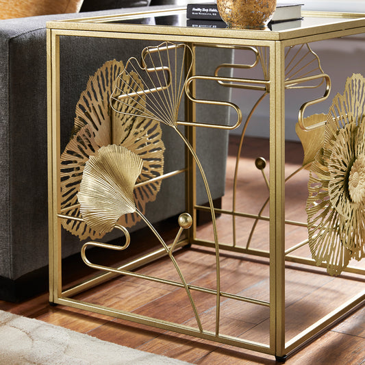 Gold Finish Peony and Ginkgo End Table with Mirror Top