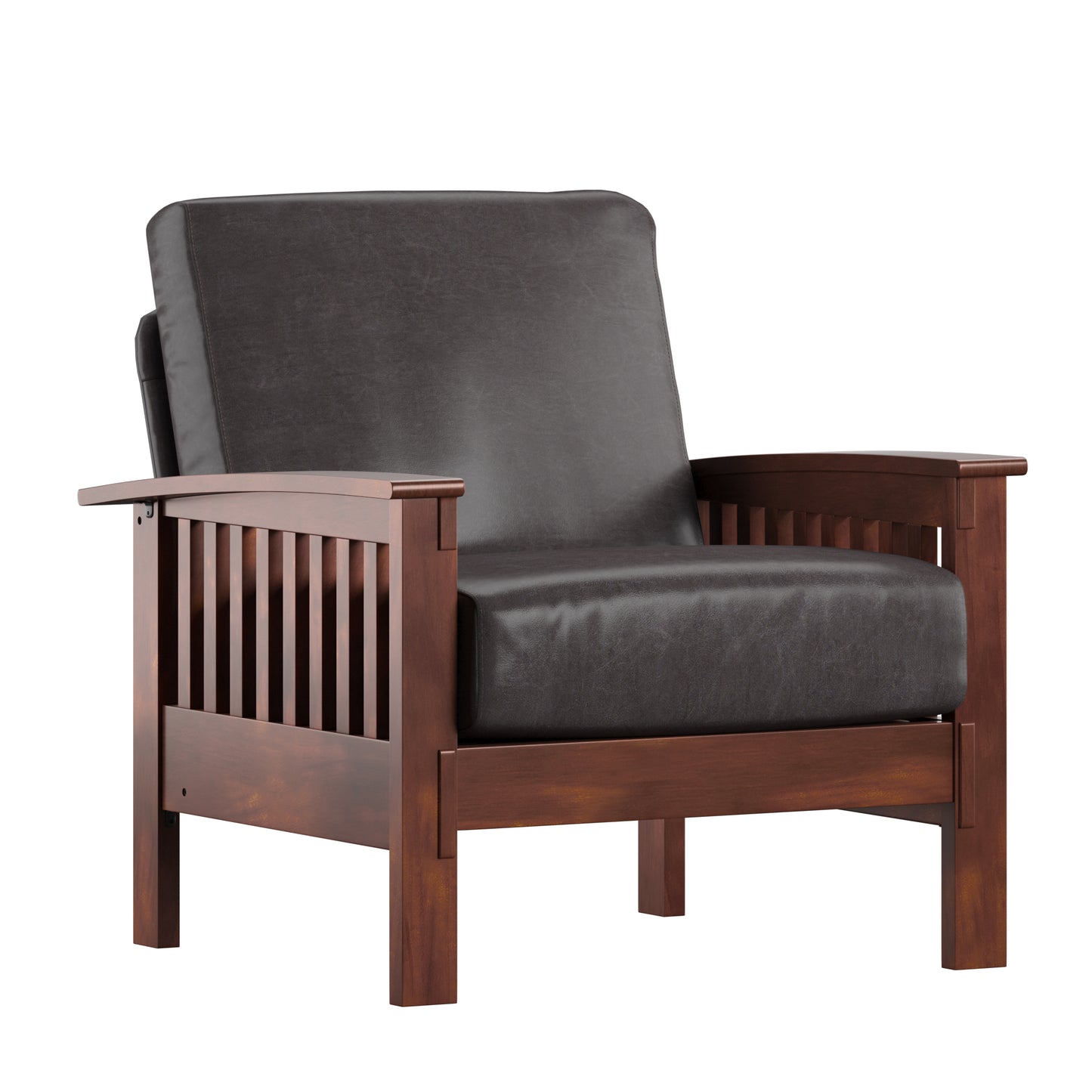 Mission-Style Wood Accent Chair - Dark Brown Faux Leather, Oak Finish