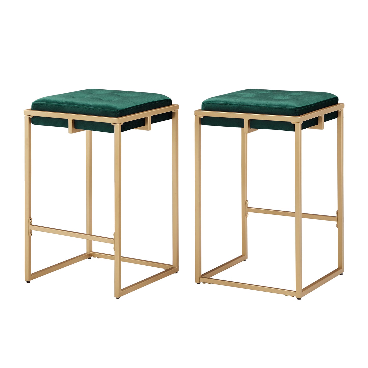 Gold Finish Velvet Button Tufted Bar Stools (Set of 2) - Dark Green, 24" Counter Height