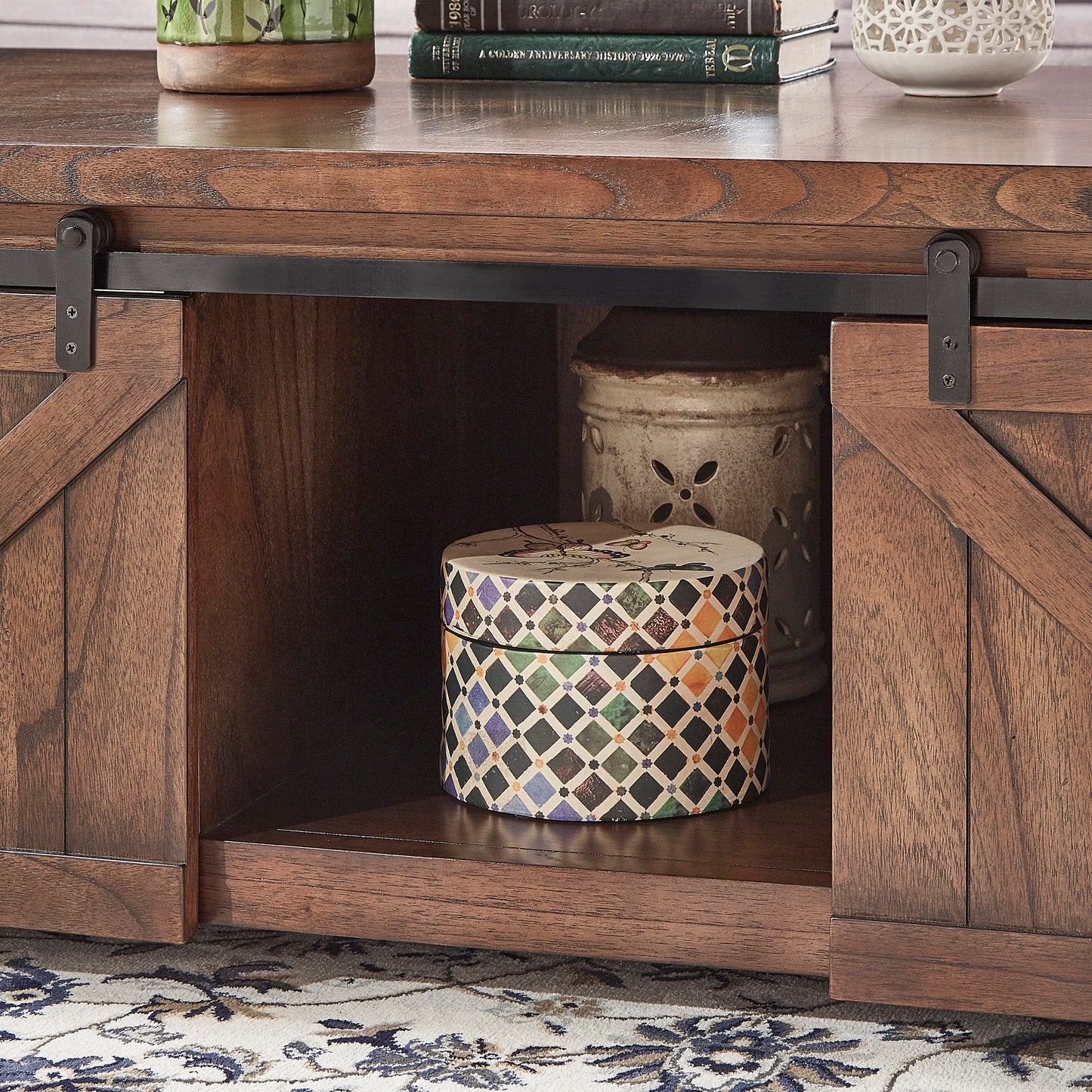 Barn Door Coffee Table with Storage - Brown Cherry Finish