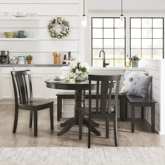 Wood 5-Piece Breakfast Nook Set - Antique Black Finish, Slat Back, Round Table