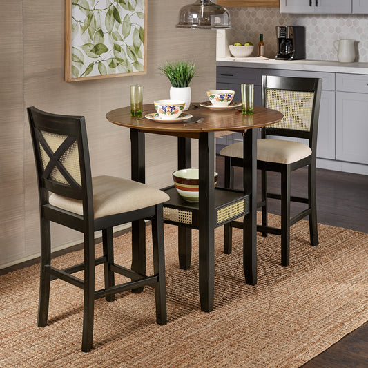 Cane Accent Counter Height - 2 - Person Set, Table with X-Back Chairs, Oak and Antique Black Finish, Beige Linen