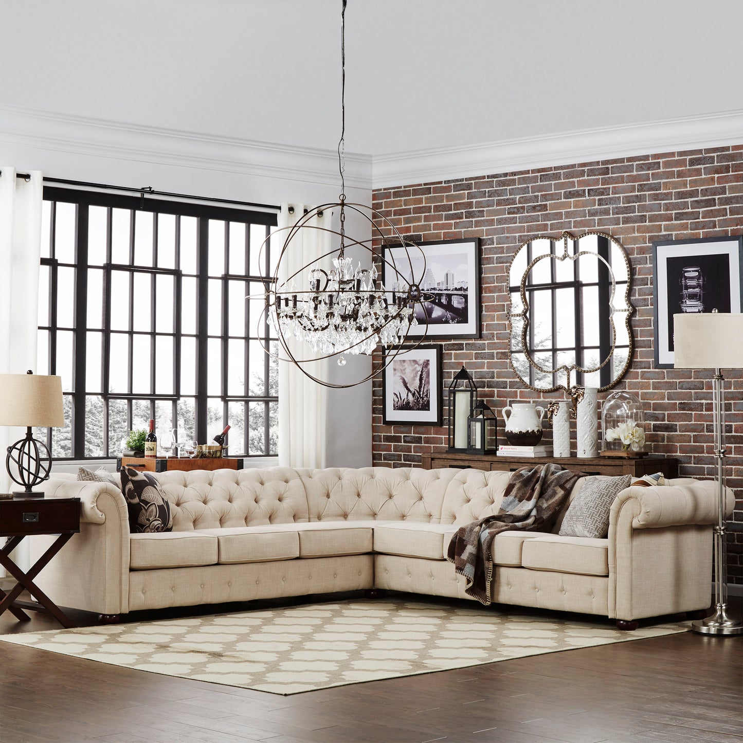 7-Seat L-Shaped Chesterfield Sectional Sofa - Beige Linen