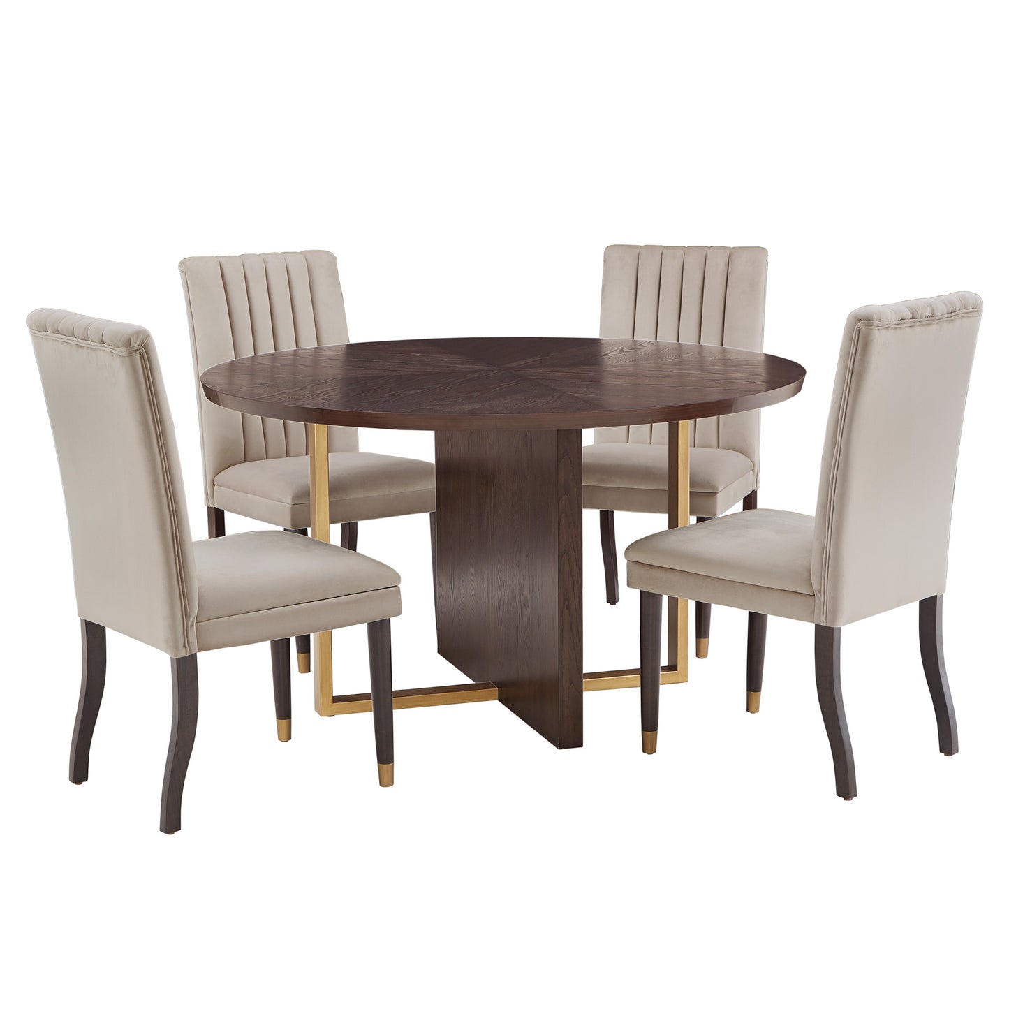 Espresso Wood Velvet Upholstered Dining Set - 5-Piece Set, Taupe Velvet Chairs