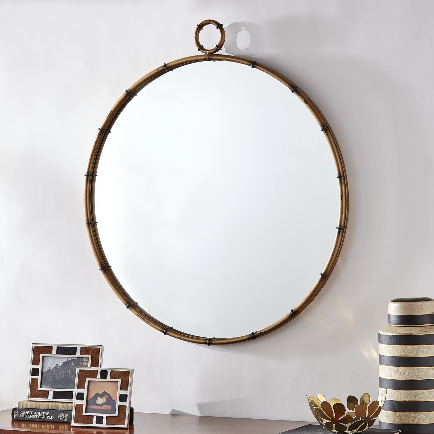 Antique Brass Finish Round Wall Mirror with Decorative Ring