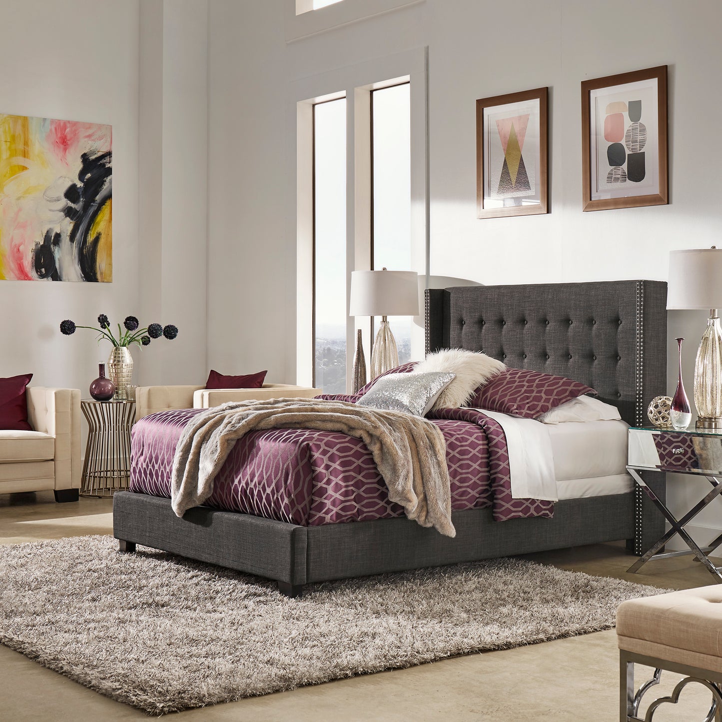 Tufted Linen Wingback Bed - Dark Gray Linen, Queen