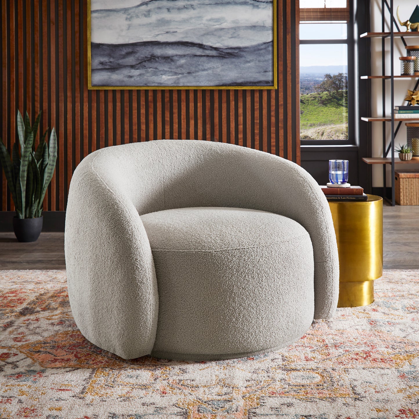 Modern Boucle Accent Chair with Cloud-Like Curved Design and Furry Channel Pillow - Light Gray Chair with Dark Gray Pillow