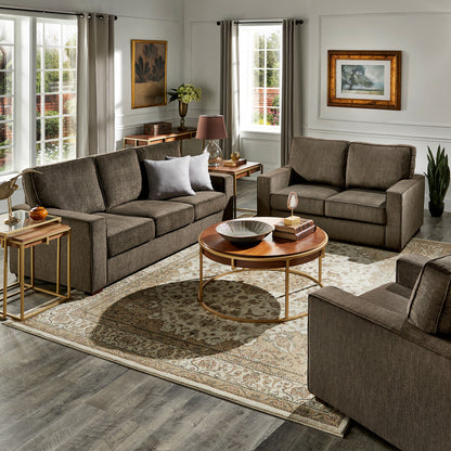 Modern Fabric Upholstered Square Arm Sofa Set - Living Room Chair, Loveseat and Sofa, Brown Chenille Fabric