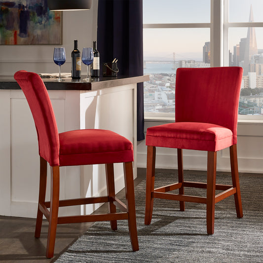 Classic Upholstered High Back Counter Height Chairs (Set of 2) - Cherry Finish, Red Microfiber
