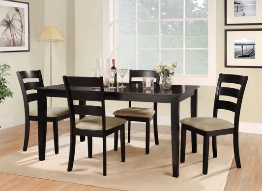 Black Wood Dining Set - 60-inch Table, Ladder Back Chairs, 5-Piece Set