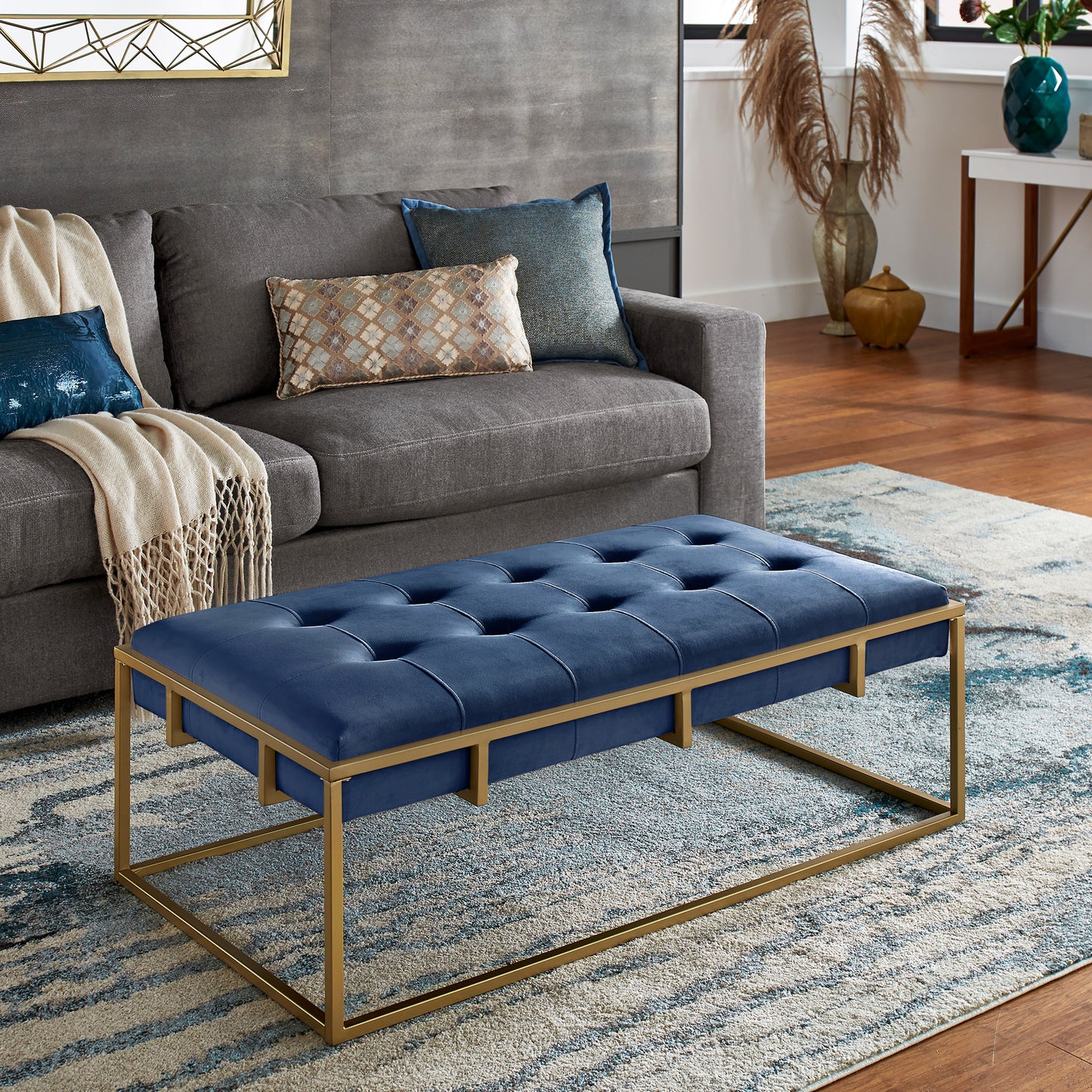 Gold Finish Velvet Button Tufted Rectangular Ottoman - Blue, Rectangular