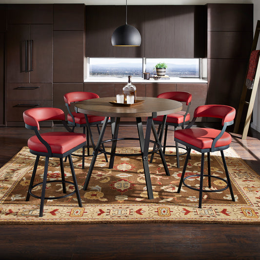 Black Finish Metal Round Counter Height Table with Vegan Leather Swivel Chair Set - 5-piece, Red Chairs