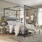 Metal Canopy Bed with Upholstered Headboard - Gray Linan, Black Nickal Finish, King Siza