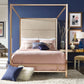 Metal Canopy Bed with Linen Panel Headboard - Off-White Linen, Champagne Gold Finish, Queen Size