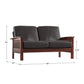 Mission-Style Wood Loveseat - Dark Brown Faux Leather, Oak Finish