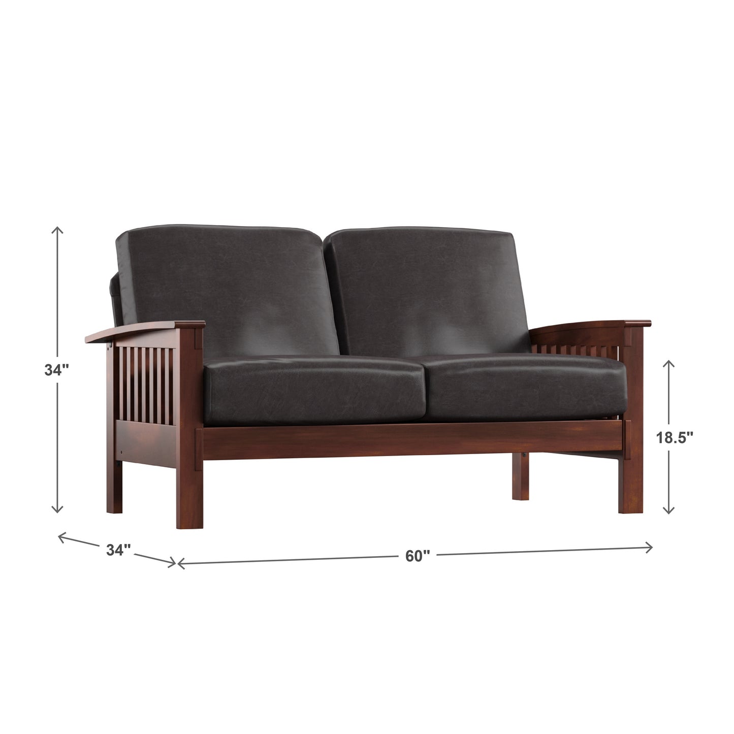 Mission-Style Wood Loveseat - Dark Brown Faux Leather, Oak Finish