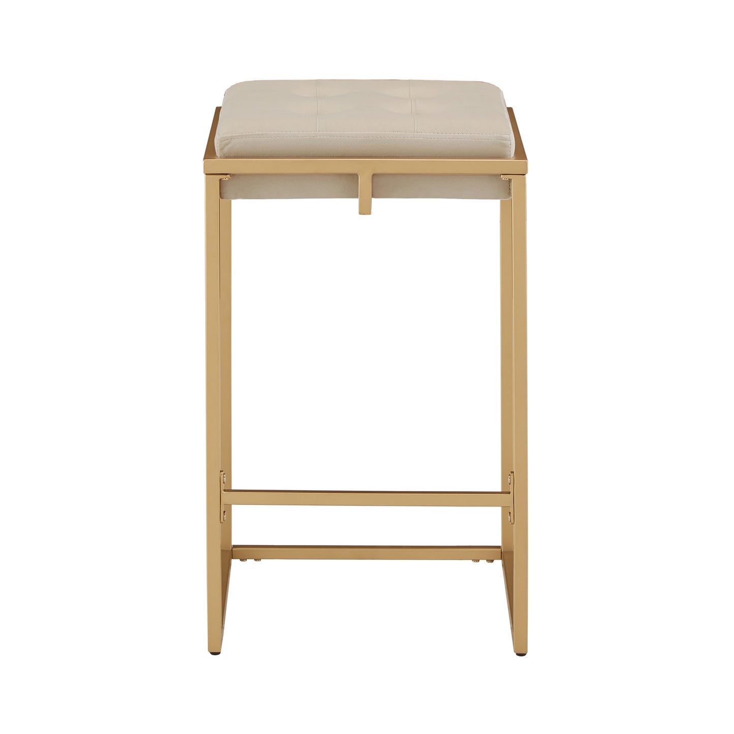 Gold Finish Velvet Button Tufted Bar Stools (Set of 2) - Beige Velvet, 24" Counter Height