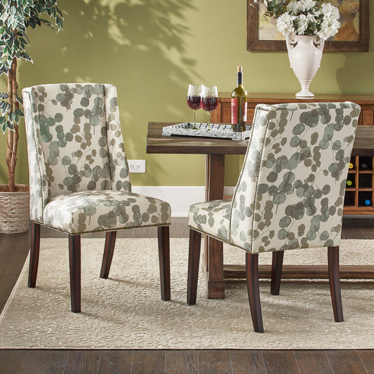 Wingback Dining Chairs (Set of 2) - Abstract Leaf Print Fabric