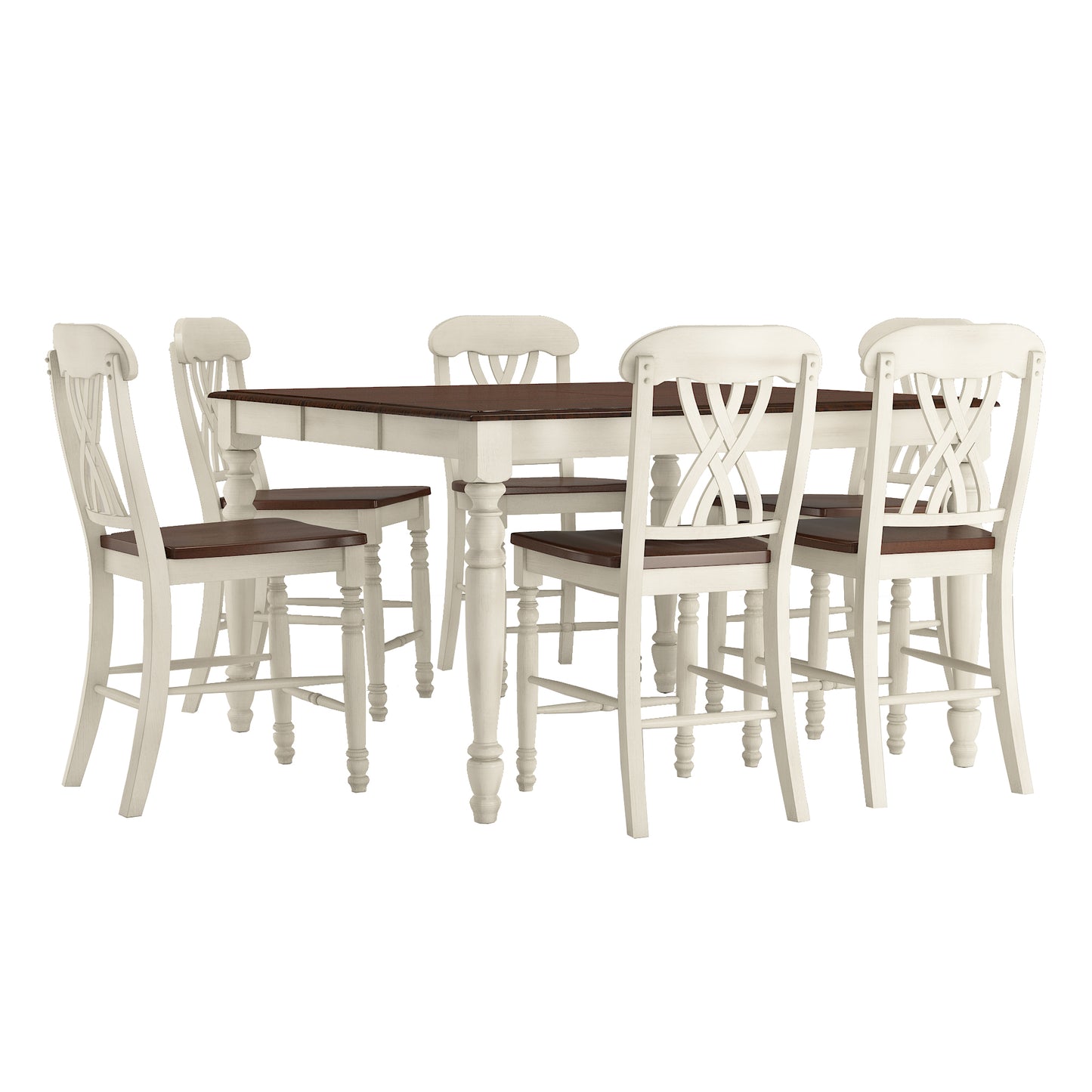 Counter Height Two-Tone Extending Dining Set - Antique White, Scroll Back, 7-Piece Set