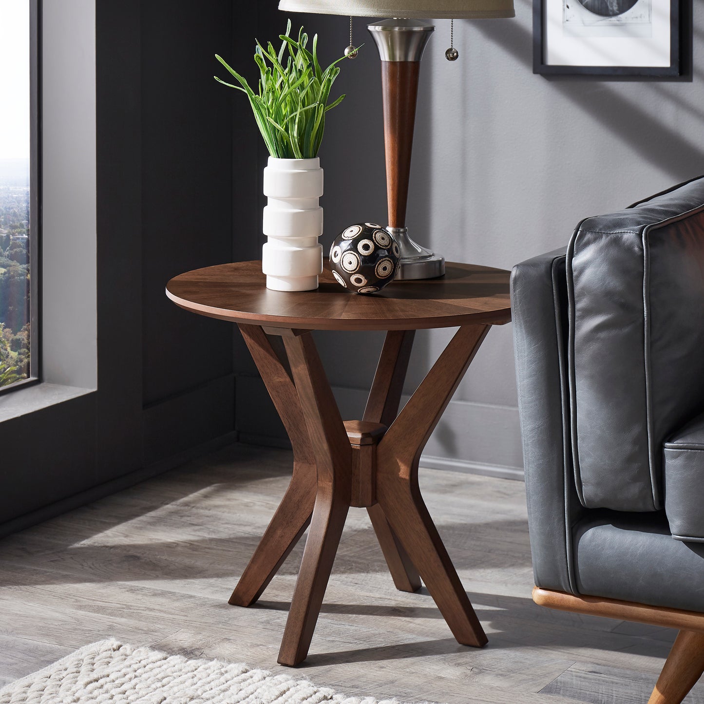 Mid-Century Walnut Finish Round End Table