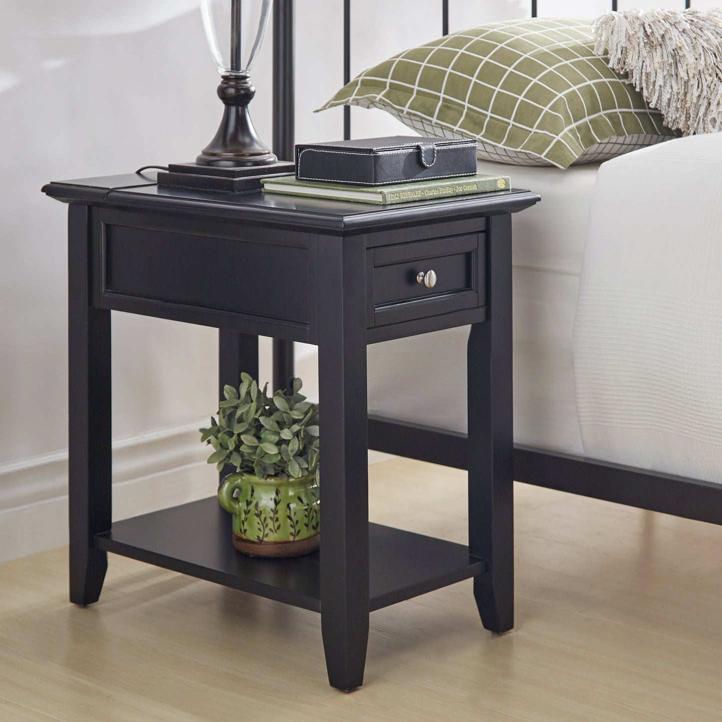 1-Drawer Side Table with Charging Station - Black