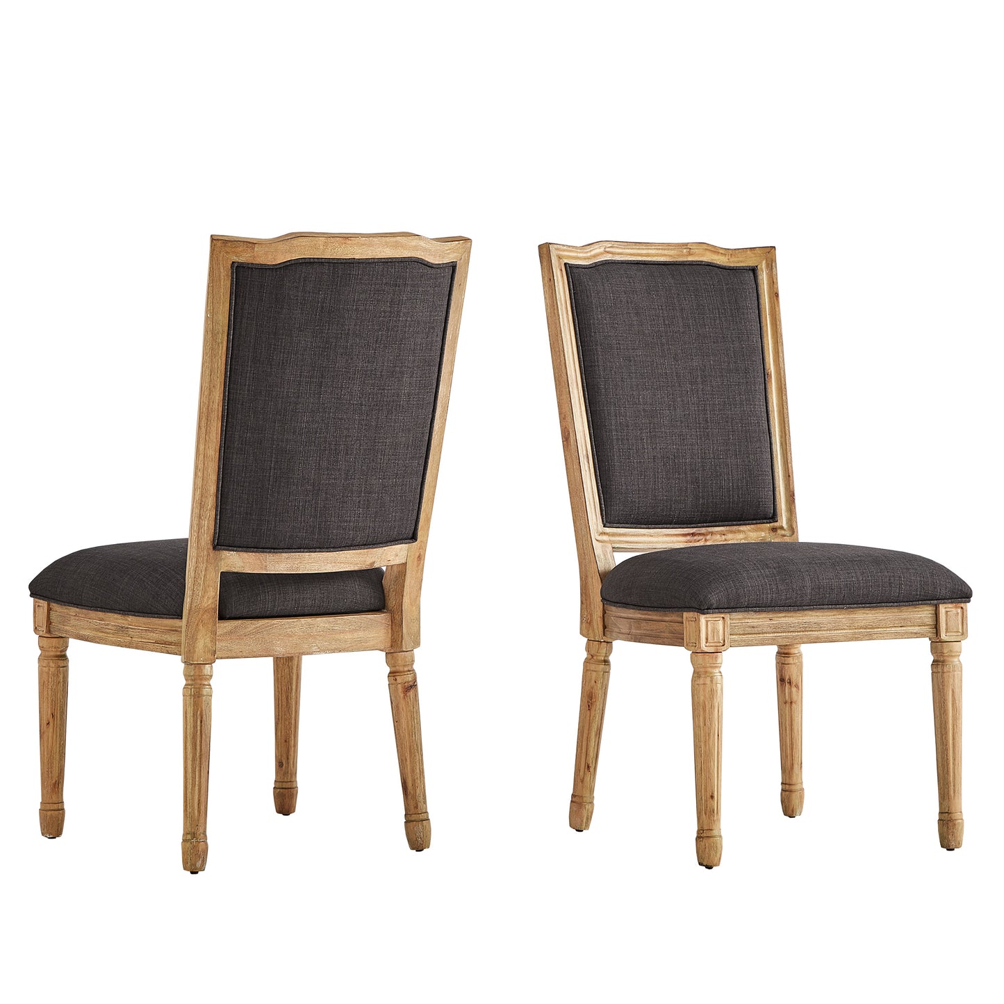 Ornate Linen and Wood Dining Chairs (Set of 2) - Dark Gray Linen, Natural Finish