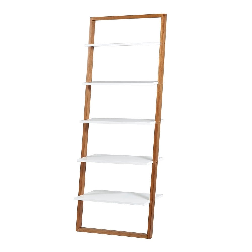 Two-Tone Leaning Ladder Desk and Bookcase Set - Natural and White Finish, 1 Desk and 1 Ladder Bookcase