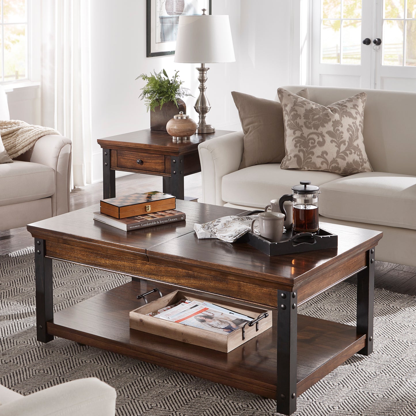 Wood Finish Lift-Top Coffee Table - Dark Cherry Finish