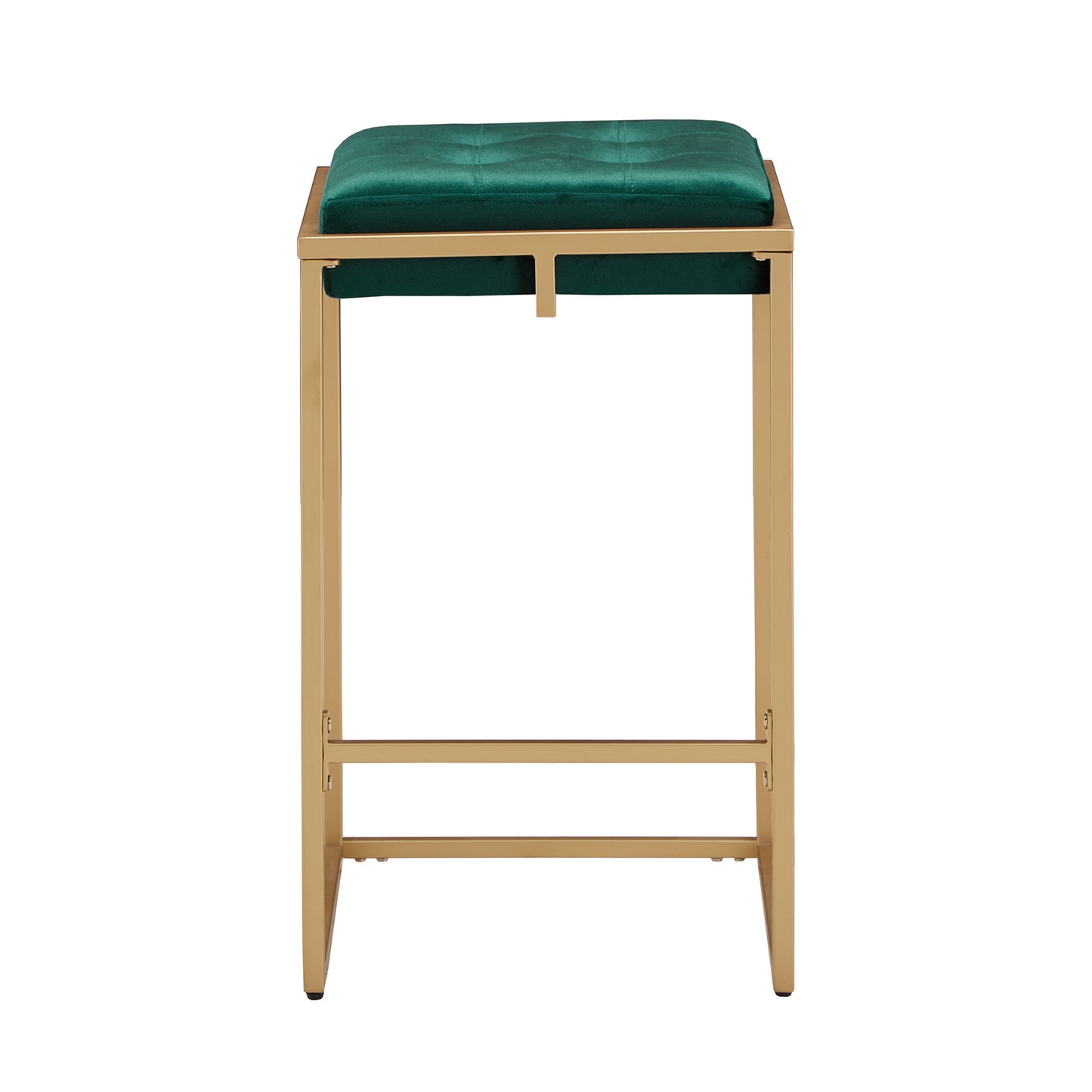 Gold Finish Velvet Button Tufted Bar Stools (Set of 2) - Dark Green, 24" Counter Height