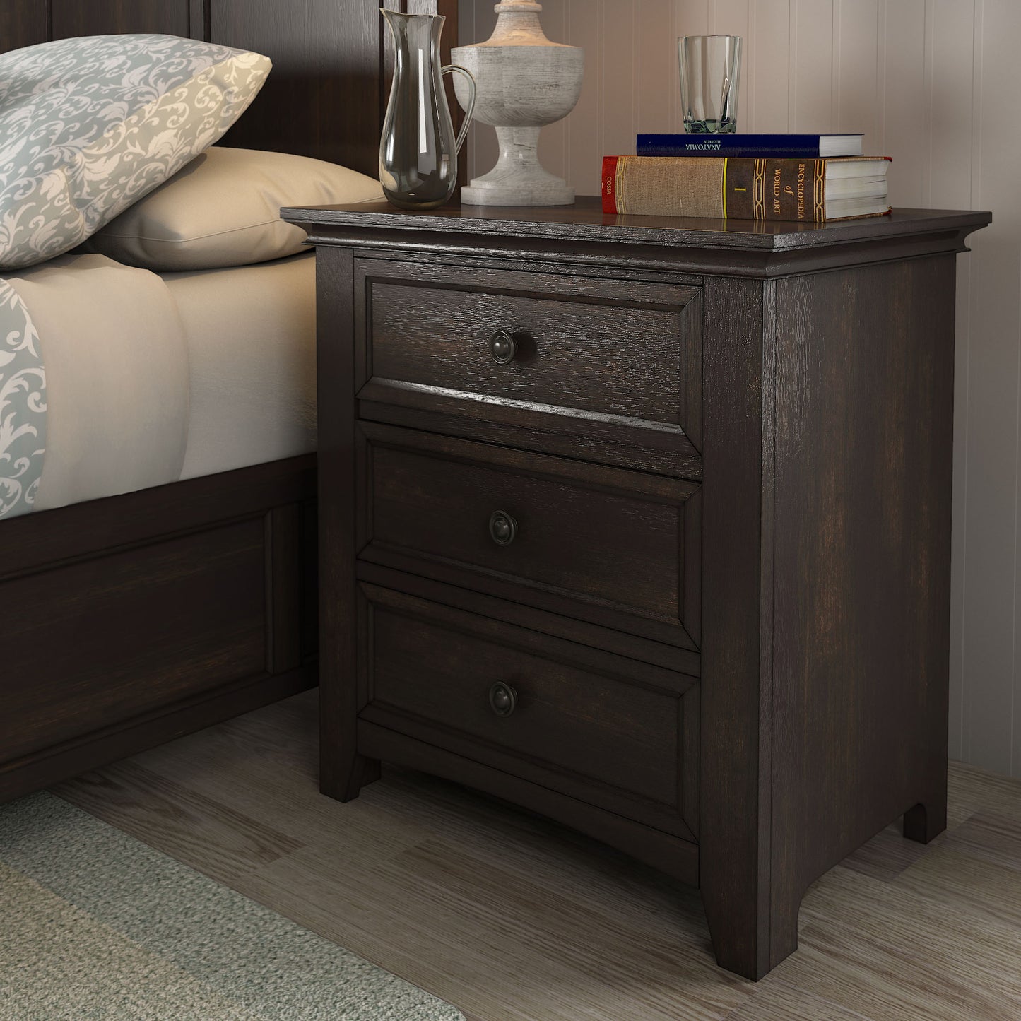 3-Drawer Wood Modular Storage Nightstand with Charging Station - Black