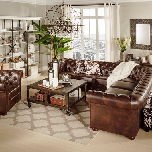 7-Seat L-Shaped Chesterfield Sectional Sofa - Brown Bonded Leather