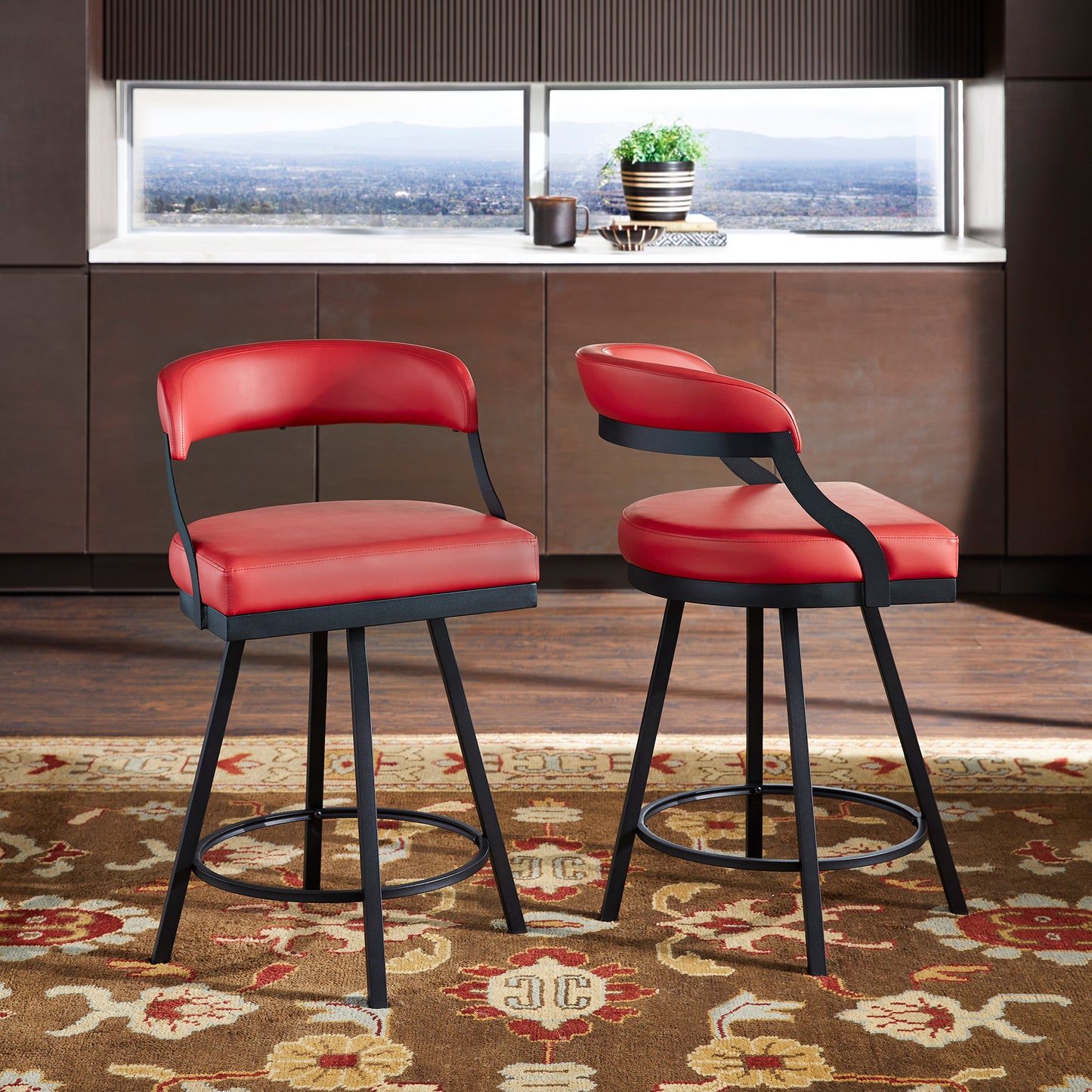 Black Finish Metal Vegan Leather Swivel Chair (Set of 2) - 24 in. Counter Height, Red