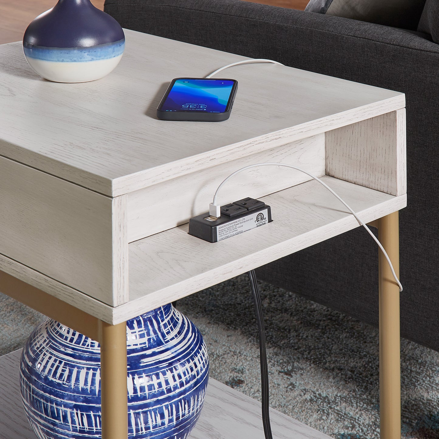 Two-Tone Rectangular End Table with USB Port - White Finish