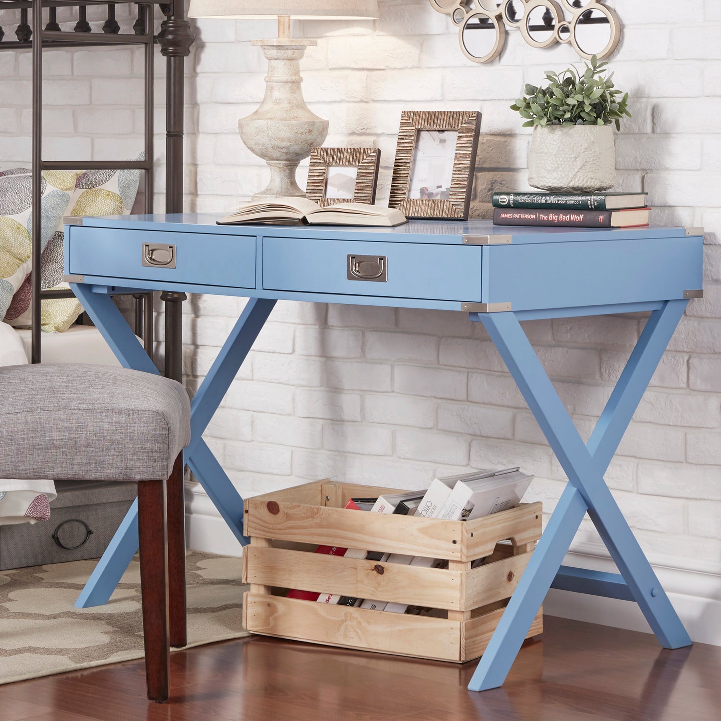 X-Base Wood Accent Campaign Writing Desk - Blue