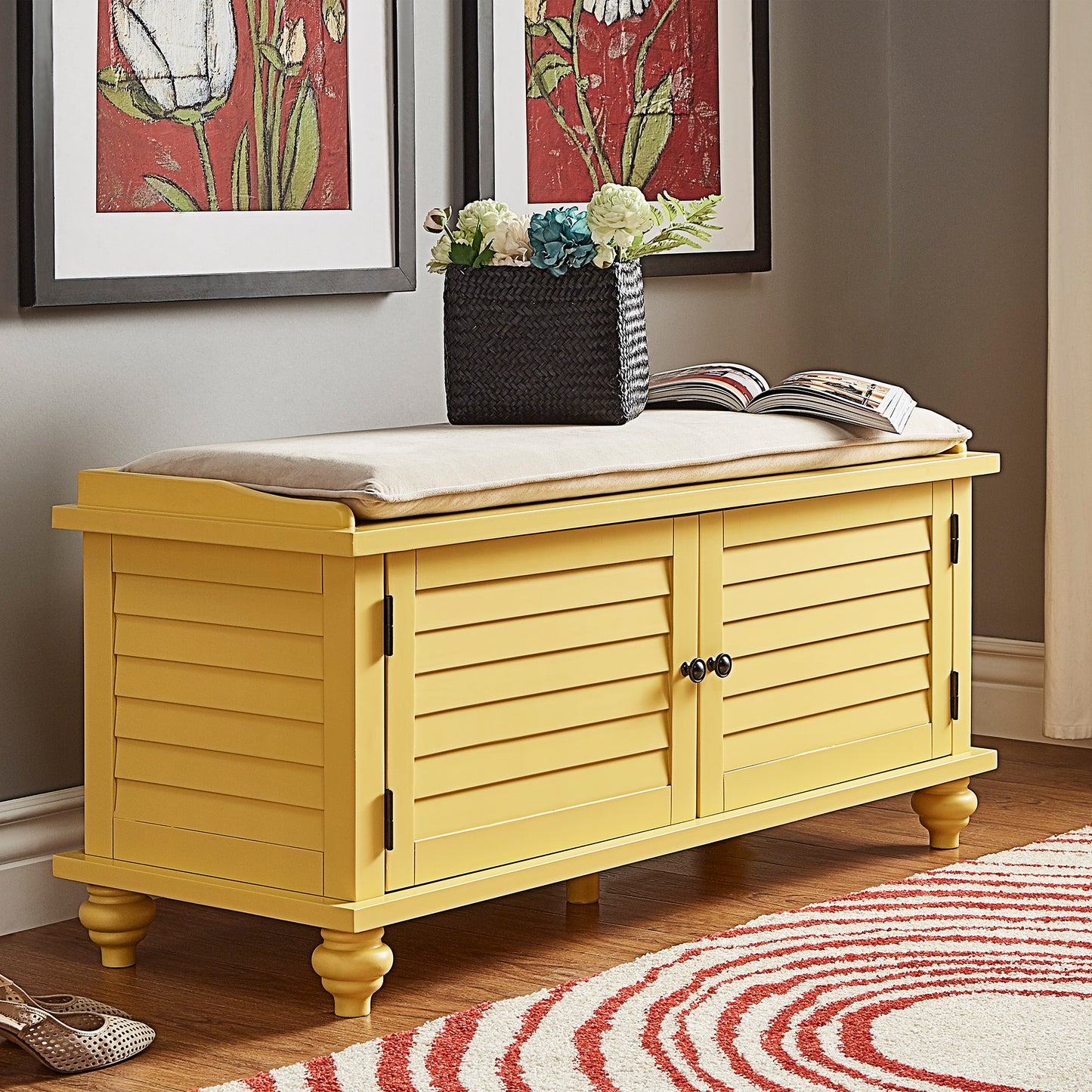 Velvet Cushion Storage Bench - Yellow