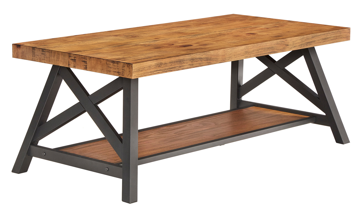 Rustic X-Base Accent Tables - Oak Finish, End Table and Coffee Table Set