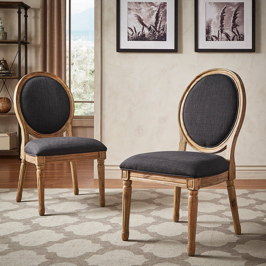 Round Linen and Wood Dining Chairs (Set of 2) - Dark Gray Linen, Natural Finish