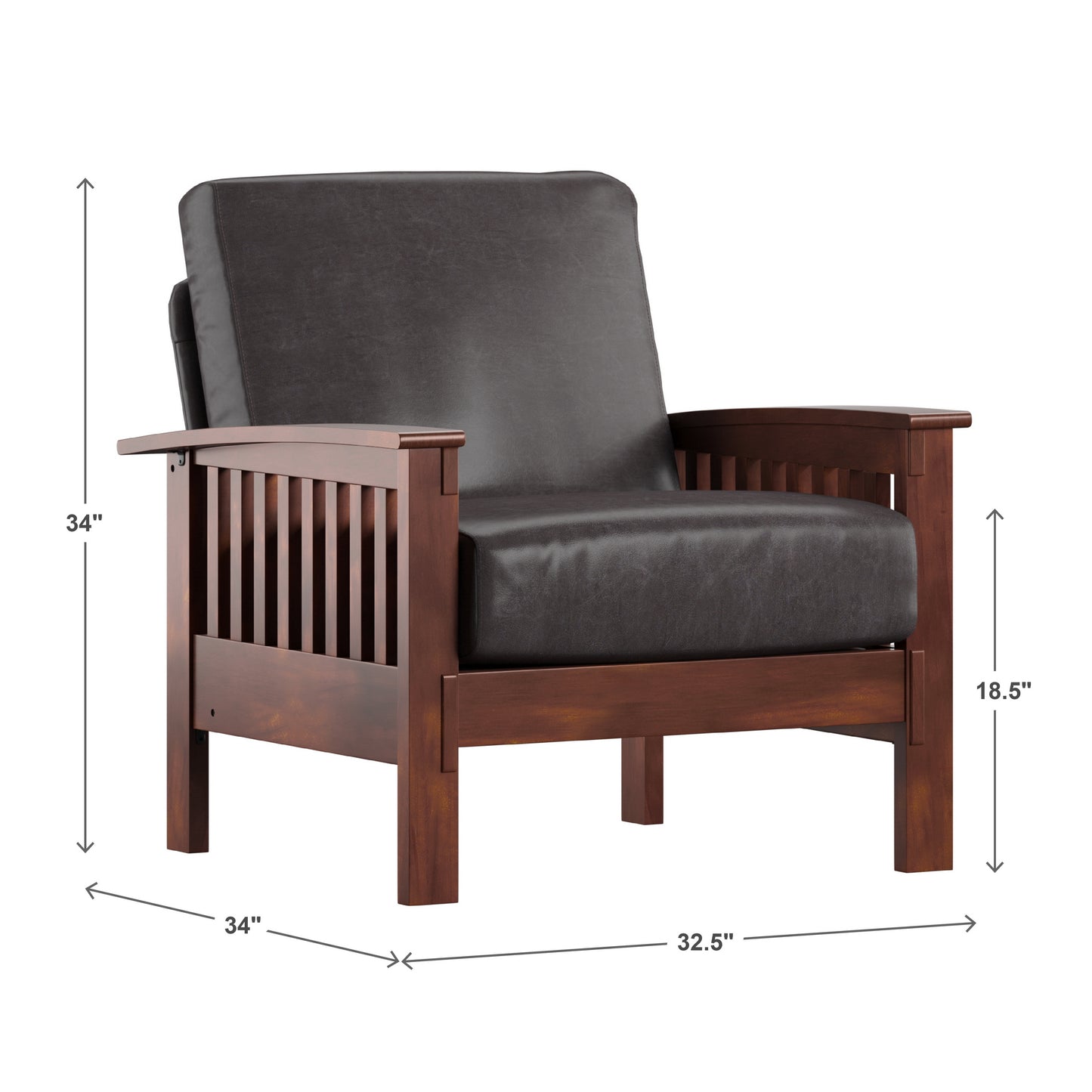 Mission-Style Wood Accent Chair - Dark Brown Faux Leather, Oak Finish